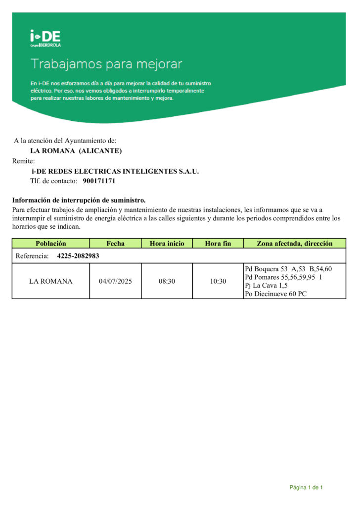 AVÍS DE TALL DE SUMINISTRE ELÈCTRIC
